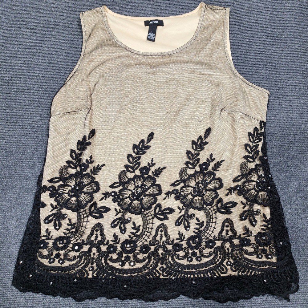 Alfani Tank Top Womens Large Beige Black Floral Lace Rhinestone Sleeveless Shell